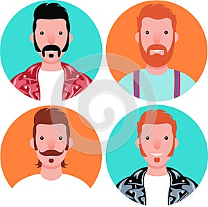 Set of four round icons of happy young men with sideburns, mustache and soul patch photo