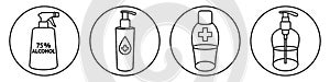 A set of four round icons in a linear style, antiseptics or antibacterial agents. Black outline.