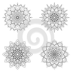 Set of four round mandalas for greeting card, invitation, Henna drawing and tattoo template