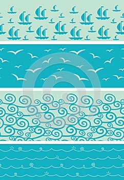 Set of four sea horizontal seamless borders