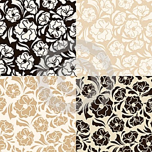 Set of four seamless beige and brown floral patterns. Vector illustration.