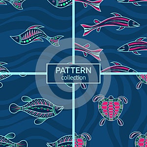 Set of four seamless fashion colorful fish and turtle patterns. Australian art. Aboriginal painting style, aboriginal ornament