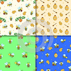 Set of four Seamless pattern of cartoon bees, hive and honey. Vector illustration Wallpaper background