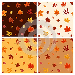 Set of four seamless patterns with autumn leaves. Vector illustration.