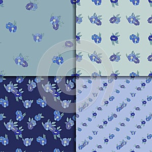 Set of four seamless patterns with blue flowers