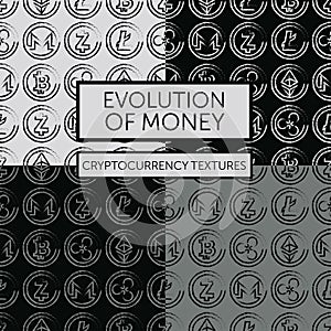 Set of four seamless patterns with cryptocurrency logotypes