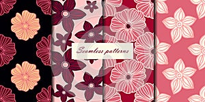 Set of four seamless patterns with flowers in pink cherry colors. Vector background