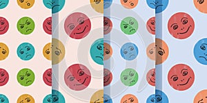 Set of four seamless patterns with funny cartoon comic faces in modern style. Children`s drawing. Vector illustration