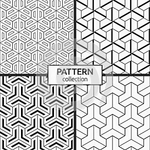 Set of four seamless patterns. Geometric tiles with triple hexagonal elements