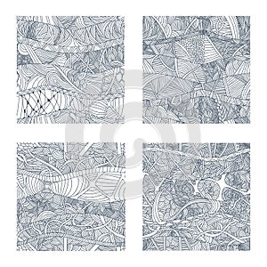 Set of four seamless patterns with hand-drawn doodle waves and lines.