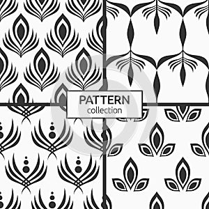 Set of four seamless patterns. Stylized peacock, bird feathers, floral ornament