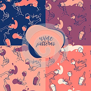 Set of four seamless patterns for wine glasses and wine bottles