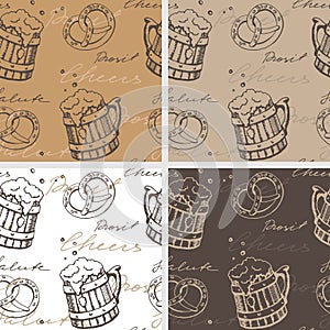 Set of four seamless textures with beer mugs and pretzels