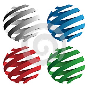 Spiral ribbon 3D sphere geometric shapes vector illustration isolated in black, red, blue and green