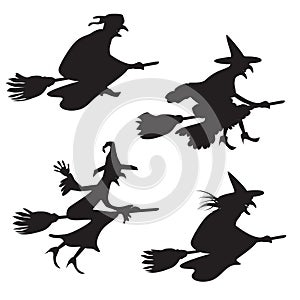 Set of four silhouettes of flying witches