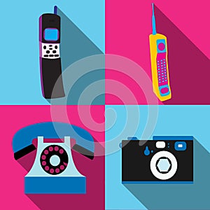 A set of four simple flat style icons with a long shadow of old retro vintage hipster antique electronics, cellular mobile button