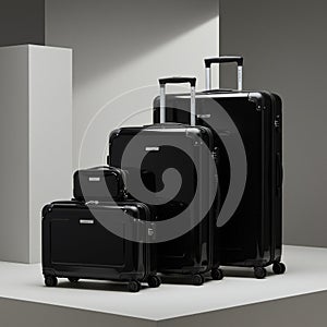 A seaigeneratedt of four sleek, black, hard-shell suitcases is displayed, ranging from small to large