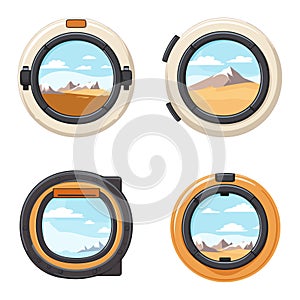 Set of four spaceship porthole views with different landscapes. Space adventure and outer space travel vector