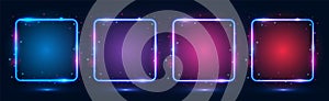 A set of four square neon frames with shining effects, highlights on a dark background.