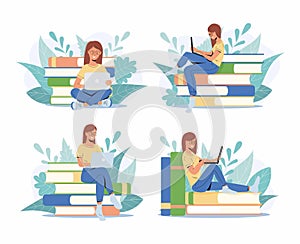 Set of four student girls studying with laptop