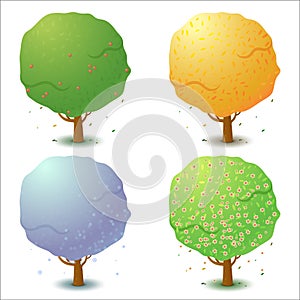 Set of four stylized trees in different seasons of the year. Game UI flat. Isolated on white background