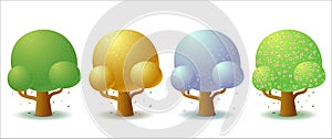 Set of four stylized trees in different seasons of the year. Game UI flat. Isolated on white background