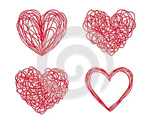 Set of four tangled grungy heart scribbles