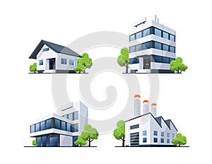 Set of Four Types Buildings Illustration with Trees