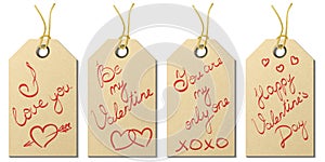 Set of four Valentine`s Day gift tags with handwritten greetings