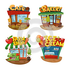 Set of four vector buildings of cafe, bakery, farm shop and Ice cream shop