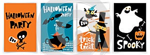 Set of four vector Halloween party posters in cartoon flat style