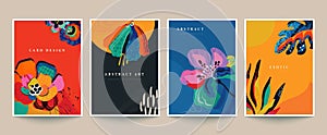 Set of four vector pre-made cards or posters in modern abstract style with nature motifs, flowers, leaves and hand drawn