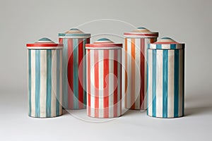 A set of four vibrant canisters placed alongside each other, showcasing their bright colors and neat arrangement, Tall,