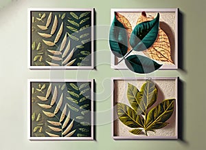 Set of four vintage photo frames with leaves on green wall. Wall Art. Generative AI