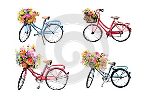 Set of four watercolor bicycles with flowers on white f