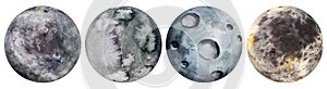 Set of four watercolor full moons. Symbol of new beginning, dreaming, romance, fantasy, magic. Black, grey colors, circle, full