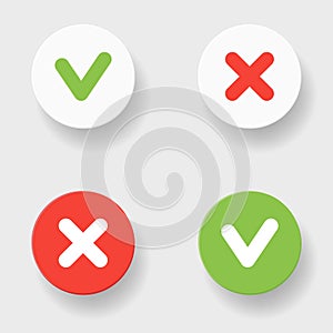 A set of four web buttons - green check mark and red cross in two variants. Vector flat illustration