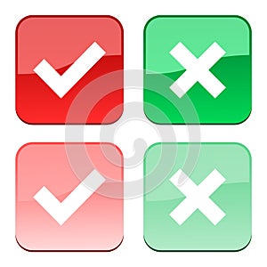 A set of four web buttons, green check mark and red cross in two variants