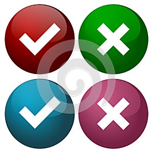 A set of four web buttons, green check mark and red cross in two variants