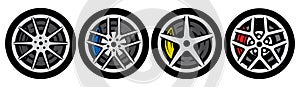 A set of four wheels with different rims in minimalist style. Template for design. Color vector illustration