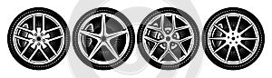 A set of four wheels with different rims. Template for design. Monochrome vector illustration