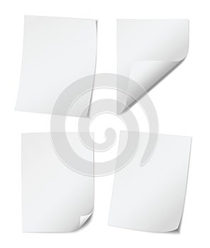 Set of four white empy paper pages with rolled edges on white background