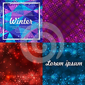 Set of four winter backgrounds. Winter frame with snowflakes. Christmas Greeting Card. New Year background with space for your.