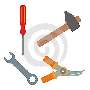 Set of four work tools, colored objects, vector icons