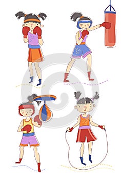 Set of four young woman or girls boxing and skipping over a rope with one in the defensive pose, one punching a bag and