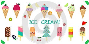 A set of fourteen cute kawaii character smile ice cream, in a waffle cup and on a stick, juicy fruits and berries on a