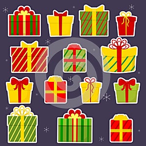 Set of fourteen gift box stickers with bow, gifts on green background. Selling, buying concept. Collection for birthday