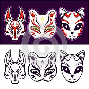 Set Fox Japanese Kitsune Mask Vector Illustration