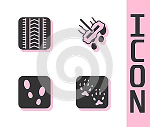 Set Fox paw footprint, Tire track, Human footprints shoes and Mop icon. Vector