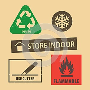 Set of fragile sticker and case icon packaging symbols sign, use cutter, flammable, reuse on rubber stamp on cardboard background